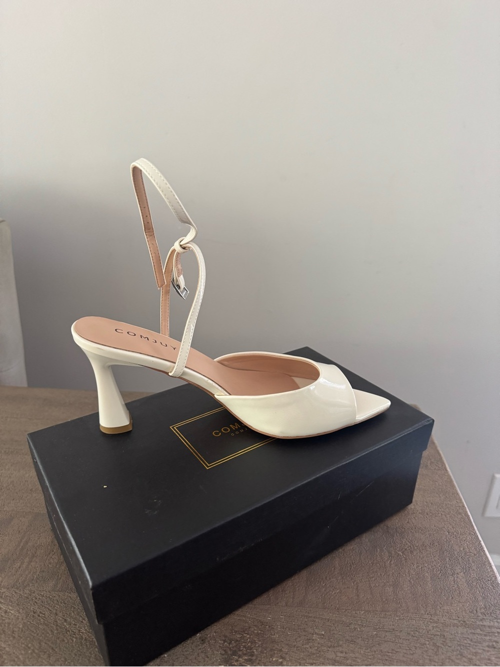 Cream Patent Open-Toe Slingback Heel